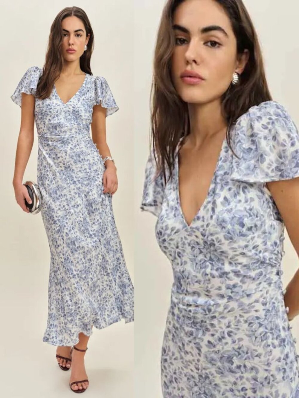 Reformation Vida Dress Chloe Blue Floral Satin Flutter Sleeve Maxi Size 0